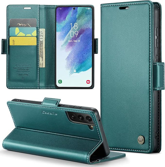 Case for Samsung Galaxy S21 FE Wallet Case, RFID Blocking PU Leather Flip Folio Cover Card Holder Kickstand Shockproof Phone Case Compatible with Samsung Galaxy S21 FE, Blue Green