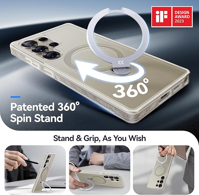 CASEKOO Patented 360° Spin Magnetic Stand for Samsung Galaxy S25 Ultra Case [18FT Military Drop Protection] [Compatible with MagSafe] Translucent Slim S25 Ultra Case 6.9'' 2025, Translucent White