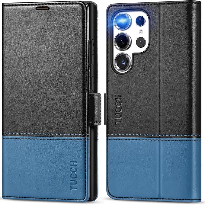 TUCCH Wallet Case for Galaxy S25 Ultra, Magnetic PU Leather Stand [RFID Blocking] Credit Card Holder Flip Cover with [TPU Shockproof Interior Case] Compatible with Galaxy S25 Ultra, Black & Light Blue