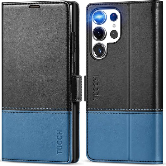 TUCCH Wallet Case for Galaxy S25 Ultra, Magnetic PU Leather Stand [RFID Blocking] Credit Card Holder Flip Cover with [TPU Shockproof Interior Case] Compatible with Galaxy S25 Ultra, Black & Light Blue