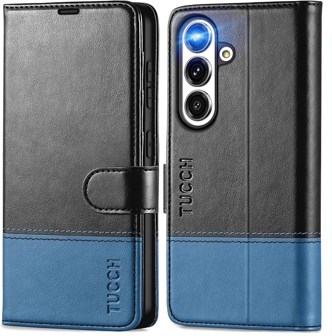 TUCCH Wallet Case for Galaxy S25, Magnetic PU Leather Stand [RFID Blocking] Credit Card Holder Flip Cover with [TPU Shockproof Interior Case] Compatible with Galaxy S25 6.2" 2025, Black & Light Blue