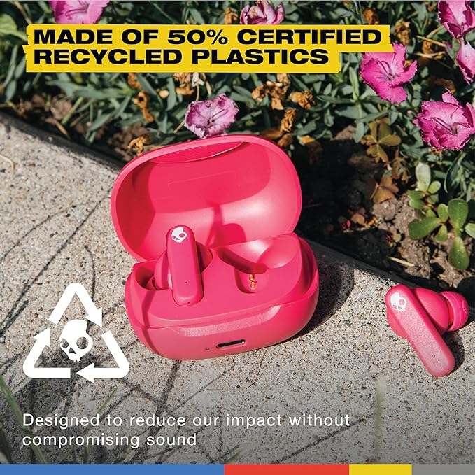 Skullcandy Smokin’ Buds Wireless Earbuds, Bluetooth Headphones, Noise Isolating Fit, Up to 20 Hours Battery, IPX4 Sweat and Water Resistant, Microphone for iPhone Android - Pink