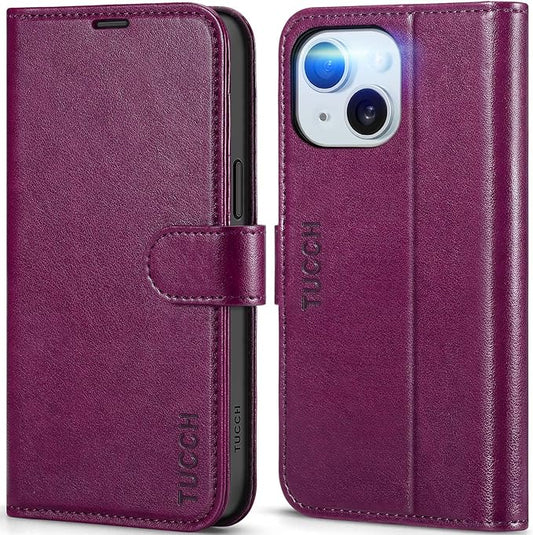 TUCCH Case Wallet for iPhone 15 6.1-inch 5G, [TPU Shockproof Inner Shell] PU Leather [RFID Blocking] 4 Credit Card Holder Magnetic Kickstand Flip Cover Compatible with iPhone 15 6.1" 2023, Plum Purple