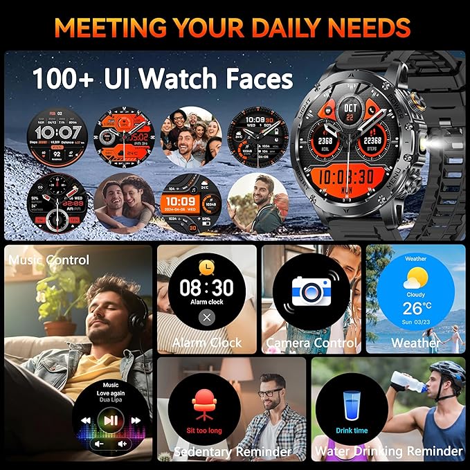 KPEP Military Smart Watches for Men, 1000mAh Battery/LED Flashlight/2 Straps/IP67 Waterproof Smartwatch, Stress/Blood Oxygen/Heart Rate/Sleep Monitor, Reminder, Fitness Tracker for iOS Android, Silver