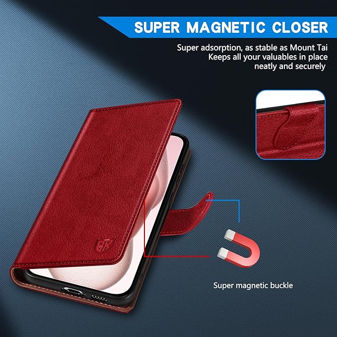 ZZXX for iPhone 15 Wallet Case with [RFID Blocking] Card Slot Kickstand Magnetic Closure Leather Flip Fold Protective Phone Case for iPhone 15 Case Wallet(Red-6.1 inch)