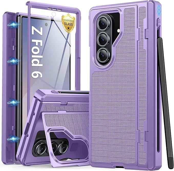 Oterkin for Samsung Galaxy Z Fold 6 Case Built-in Screen Protector [Thinner S Pen Holder & Kickstand] [Hinge Protection] Full Body Shockproof Phone Case for Z Fold 6, Purple