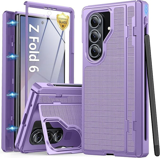 Oterkin for Samsung Galaxy Z Fold 6 Case Built-in Screen Protector [Thinner S Pen Holder & Kickstand] [Hinge Protection] Full Body Shockproof Phone Case for Z Fold 6, Purple