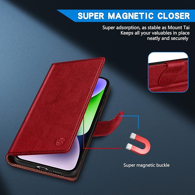 ZZXX for iPhone 14 Plus Wallet Case with [RFID Blocking] Card Slot Kickstand Magnetic Closure Leather Flip Fold Protective Phone Case for iPhone 14 Plus Case Wallet(Red-6.7 inch)