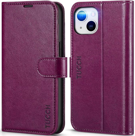 TUCCH Wallet Case for iPhone 14 6.1-inch 5G, [TPU Shockproof Inner Shell] PU Leather [RFID Blocking] 4 Credit Card Holder Magnetic Kickstand Flip Cover Compatible with iPhone 14 (6.1"), Plum Purple