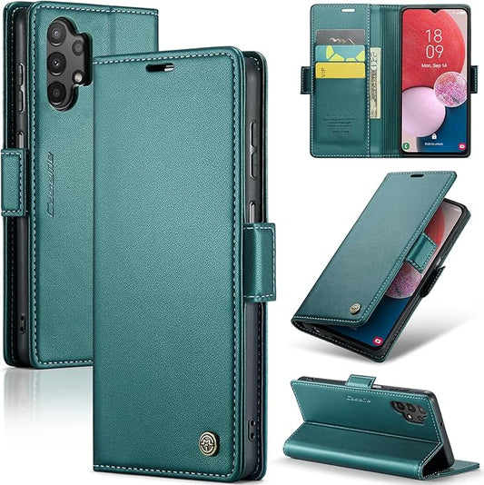 for Samsung Galaxy A13 4G/5G Case, Premium PU Leather Wallet Case Flip Cover with [RFID Blocking][Card Holder][Stand Function] Shockproof Protective for Samsung Galaxy A13, Blue-Green
