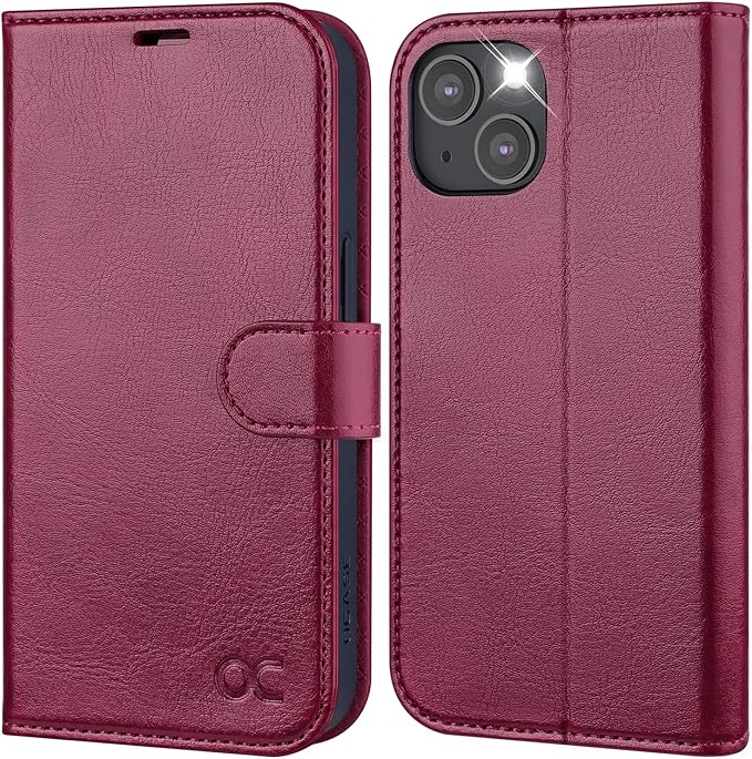 OCASE Compatible with iPhone 14 Wallet Case, PU Leather Flip Folio Case with Card Holders RFID Blocking Kickstand [Shockproof TPU Inner Shell] Phone Cover 6.1 Inch 2022 (Burgundy)