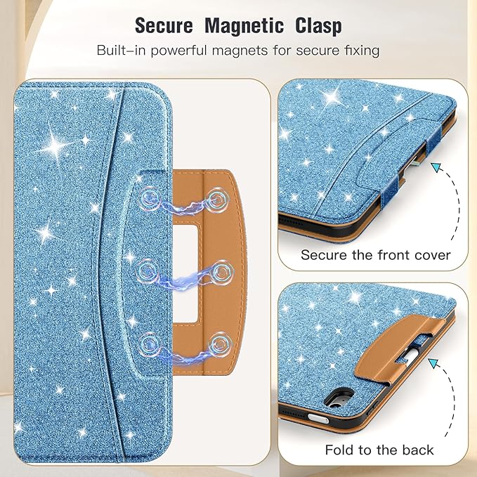 MoKo for iPad (A16) 11th Generation Case 11 inch 2025, iPad 10th Generation Case 10.9" 2022 with Pencil Holder & Pocket, Premium Leather Folio Stand Cover, Multiple Viewing Angles,Glitter Sky Blue