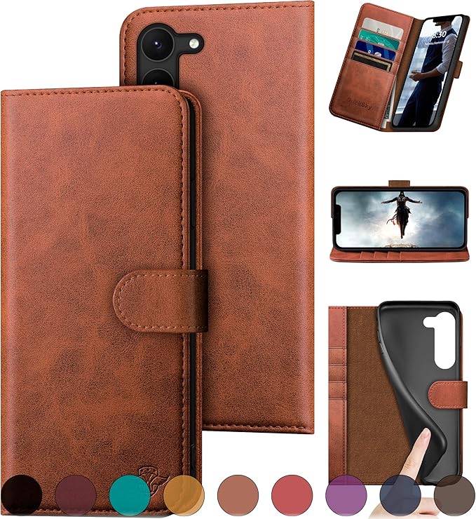 for Samsung Galaxy S23 5G Genuine Leather Wallet case 【RFID Blocking】【4 Credit Card Holder】【Real Leather】 Flip Folio Book Phone case Protective Cover Women Men for SamsungS23 case Light Brown