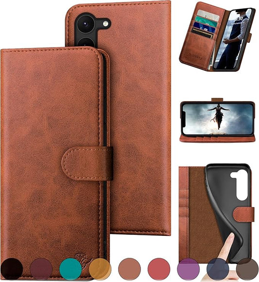 for Samsung Galaxy S23 5G Genuine Leather Wallet case 【RFID Blocking】【4 Credit Card Holder】【Real Leather】 Flip Folio Book Phone case Protective Cover Women Men for SamsungS23 case Light Brown