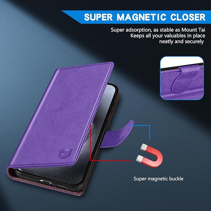 ZZXX for iPhone 15 Pro Wallet Case with [RFID Blocking] Card Slot Kickstand Magnetic Closure Leather Flip Fold Protective Phone Case for iPhone 15 Pro Case Wallet(Purple-6.1 inch)
