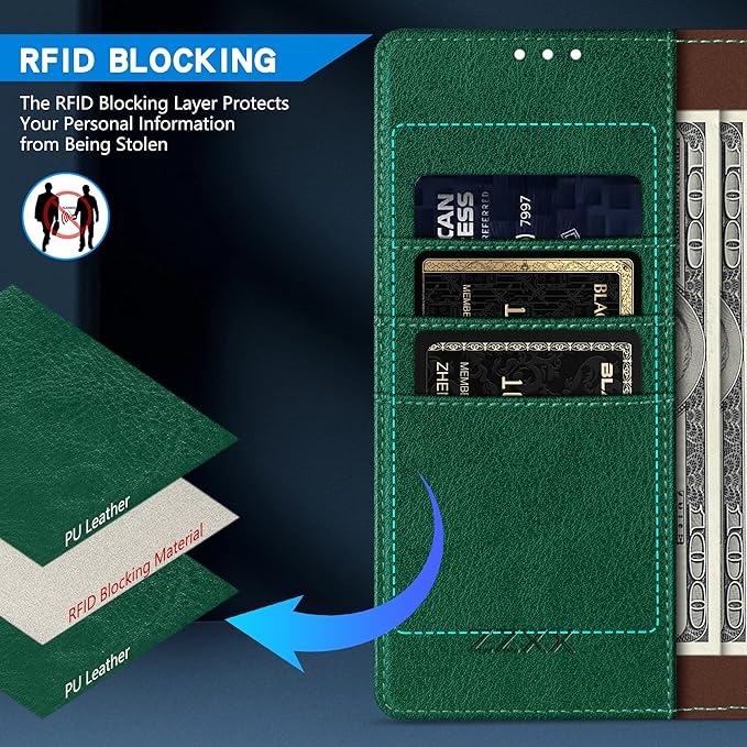 ZZXX for iPhone 14 Pro Wallet Case with [RFID Blocking] Card Slot Kickstand Magnetic Closure Leather Flip Fold Protective Phone Case for iPhone 14 Pro Case Wallet(Green-6.1 inch)