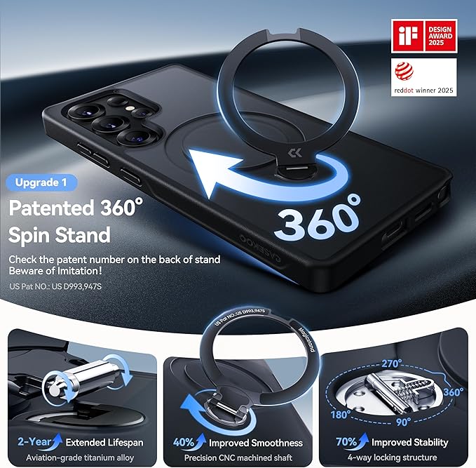 CASEKOO Patented 360° Spin Magnetic Stand for Samsung Galaxy S25 Ultra Case [18FT Military Drop Protection] [Compatible with MagSafe] Matte Translucent Slim S25 Ultra Case 6.9'' 2025, Black