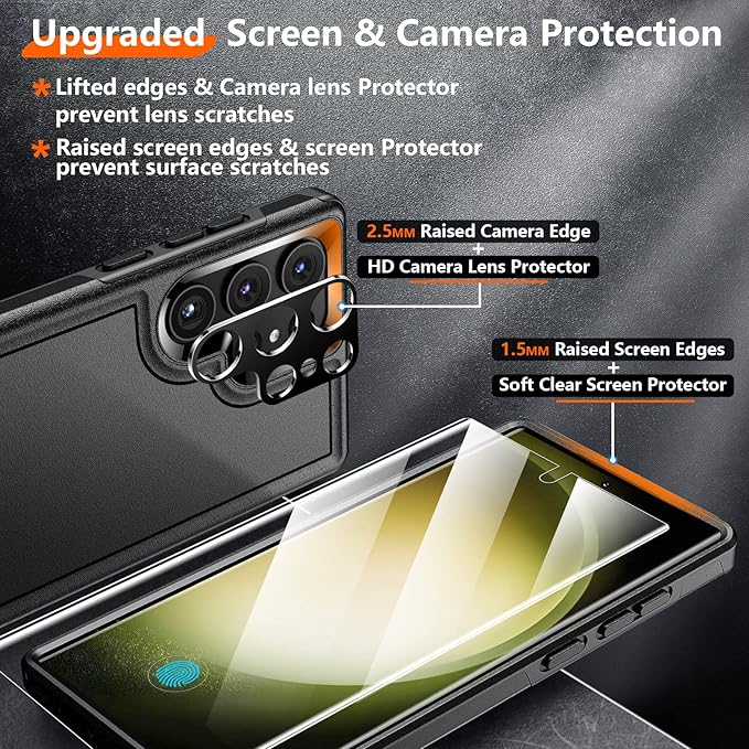Red2Fire for Samsung Galaxy S23 Ultra Case, [Military Grade Shockproof] with 2Pcs [Soft Screen Protector + Lens Protector] Heavy Duty Full Body Protection Phone Case for S23 Ultra Case 5G, Black