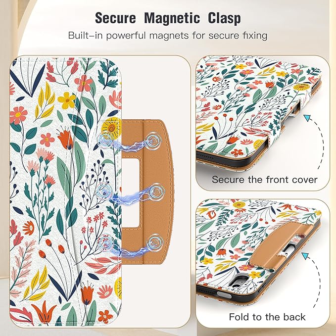 MoKo for iPad (A16) 11th Generation Case 11 inch 2025, iPad 10th Generation Case 10.9" 2022 with Pencil Holder & Pocket, Premium Leather Folio Stand Cover, Multiple Viewing Angles, Flowers