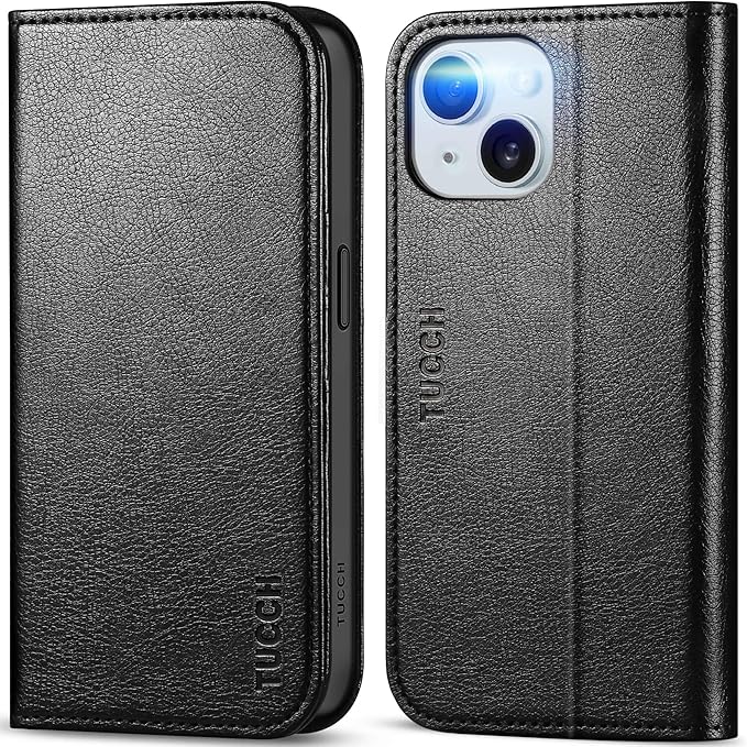 TUCCH Wallet Case for iPhone 15 5G, PU Leather Folio with [RFID Blocking] [3 Card Slot], Protective Kickstand [Shockproof TPU Interior Case] Compatible with iPhone 15 6.1" 2023, Textured Black