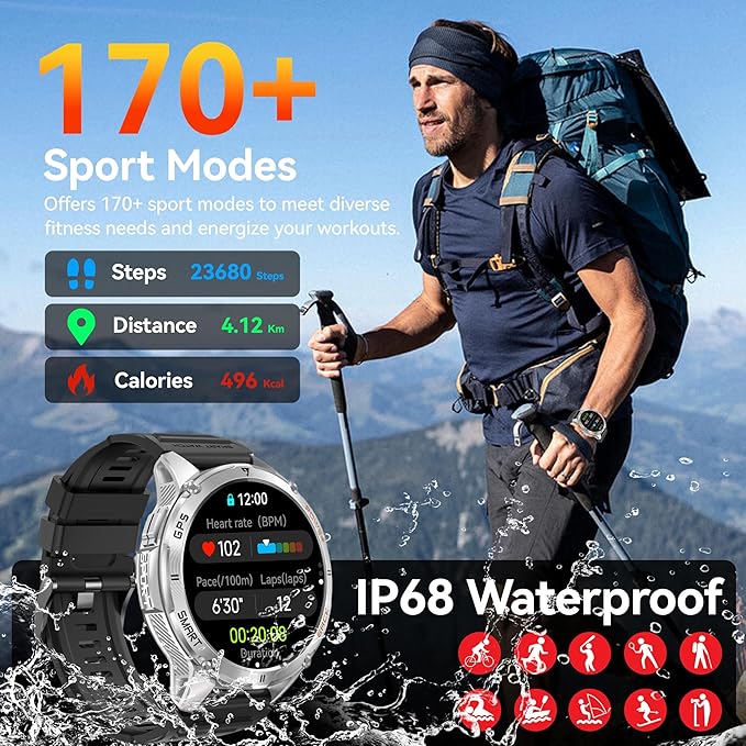 KPEP Military Smart Watches for Men with GPS, 1.43" AMOLED/2 Straps/LED Flashlight/IP68 Waterproof Smartwatch, Make/Answer Calls, 170+ Sport Modes, Compass, Fitness Tracker for iOS Android, Silver