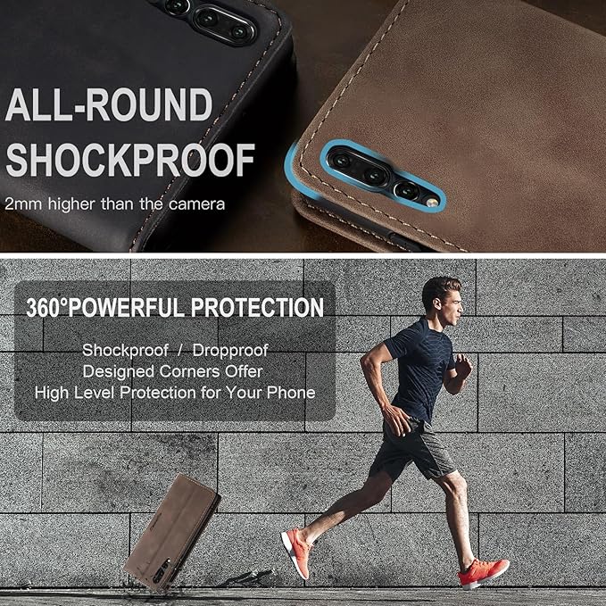 for Huawei P20 Pro Case, Flip Wallet Leather Case with Card Holder Magnetic Closure Shockproof Kickstand Protective Phone Cases Cover for Huawei P20 Pro,Coffee