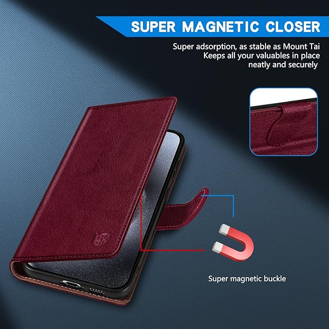 ZZXX for iPhone 15 Pro Wallet Case with [RFID Blocking] Card Slot Kickstand Magnetic Closure Leather Flip Fold Protective Phone Case for iPhone 15 Pro Case Wallet(Wine Red-6.1 inch)