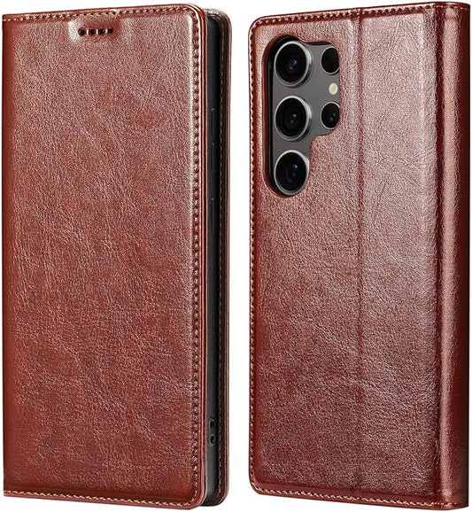 for Samsung Galaxy S25 Ultra Wallet Case, Genuine Leather Flip Folio Cover with RFID Blocking Card Slots, Kickstand [Shockproof TPU Inner Shell] for Galaxy S25 Ultra (Brown)