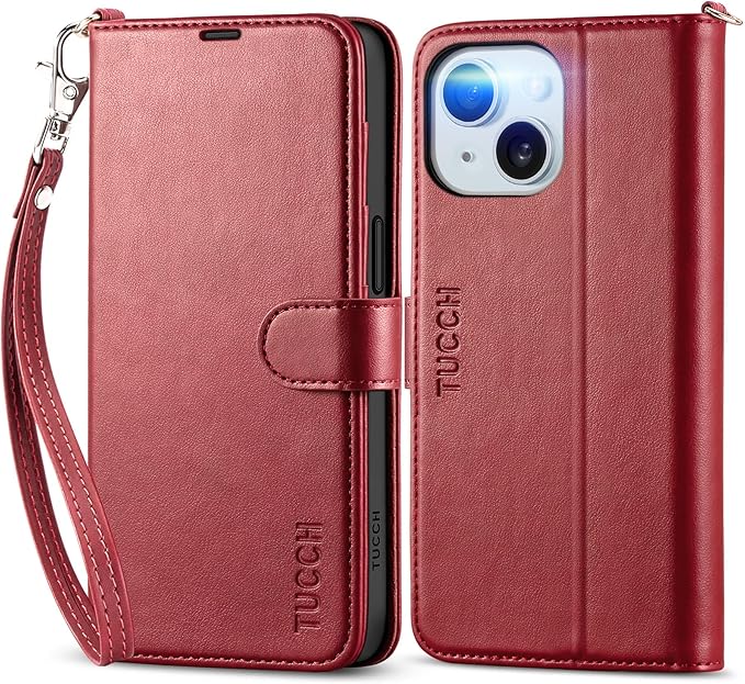 TUCCH Wallet Case for iPhone 15 with [Wrist Strap], Magnetic Closure RFID Blocking 4 Card Slot, Stand Shockproof TPU Shell PU Leather Folio Compatible with iPhone 15 6.1" 2023, Dark Red with Wristlet
