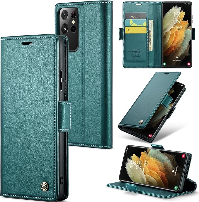 Case for Samsung Galaxy S21 Ultra Wallet Case, RFID Blocking PU Leather Flip Folio Cover Card Holder Kickstand Shockproof Phone Case Compatible with Samsung Galaxy S21 Ultra, Blue Green