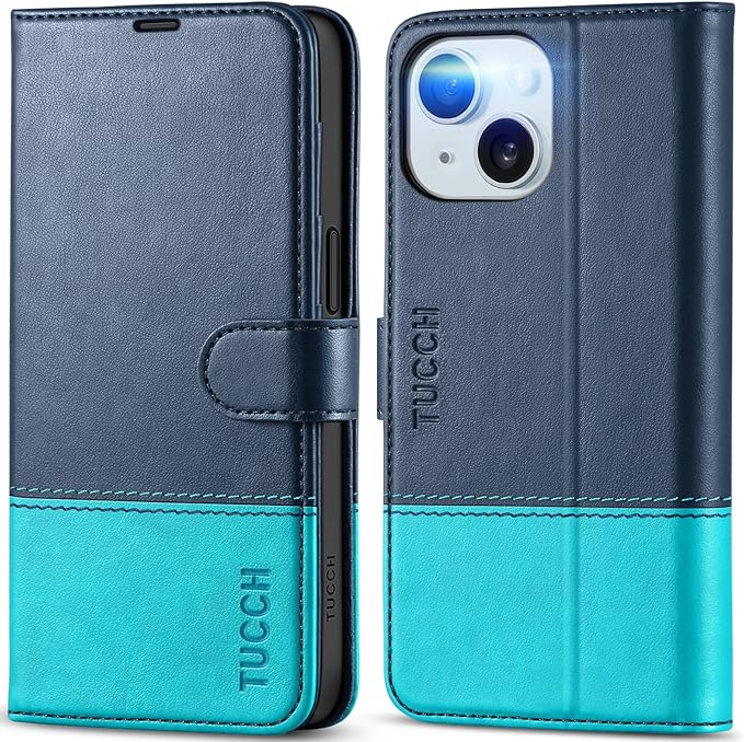 TUCCH Wallet Case for iPhone 15, [RFID Blocking] [4 Card Slots] TPU Interior Protective Case, Magnetic Folio Shockproof PU Leather Stand Flip Cover Compatible with iPhone 15 6.1", Dark Blue&Lake Blue