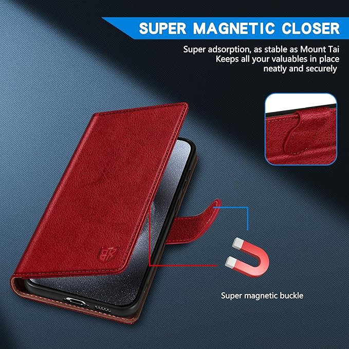 ZZXX for iPhone 15 Pro Wallet Case with [RFID Blocking] Card Slot Kickstand Magnetic Closure Leather Flip Fold Protective Phone Case for iPhone 15 Pro Case Wallet(Red-6.1 inch)