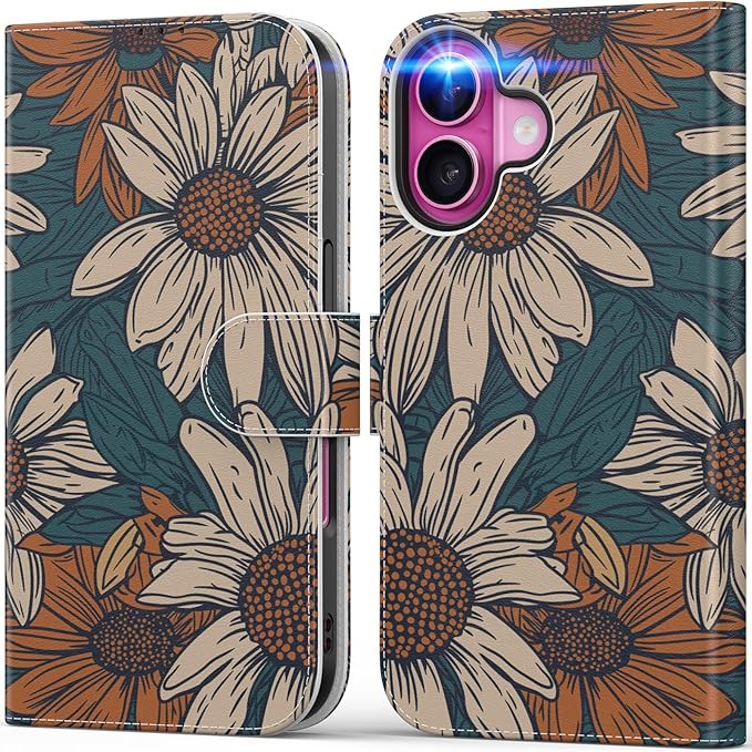 DEENAKIN for iPhone 16 Plus Wallet Case with Card Holder + Cash Clip, RFID-Blocking, Military-Grade Drop Protection, Magnetic Closure with Leather Kickstand - Floral Daisy Pattern