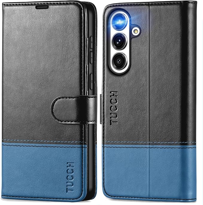 TUCCH Wallet Case for Galaxy S25 FE, Magnetic PU Leather Stand [RFID Blocking] 4 Credit Card Holder Flip Cover with [TPU Shockproof Interior Shell] (6.7") 2025, Black & Light Blue