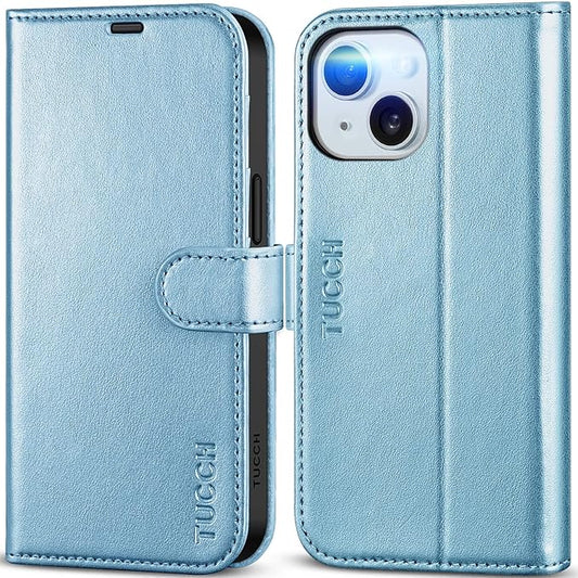TUCCH Case Wallet for iPhone 15, [RFID Blocking] 4 Card Holder Stand [Shockproof TPU Interior Case] PU Leather Magnetic Protective Flip Cover Compatible with iPhone 15 5G 6.1", Shiny Light Blue