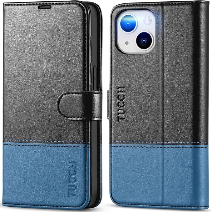 TUCCH Case Wallet for iPhone 14 6.1", Protective [TPU Shockproof Inner Shell], PU Leather [RFID Blocking] [4 Card Holder] Magnetic Stand Cover Compatible with iPhone 14 6.1", Black & Light Blue