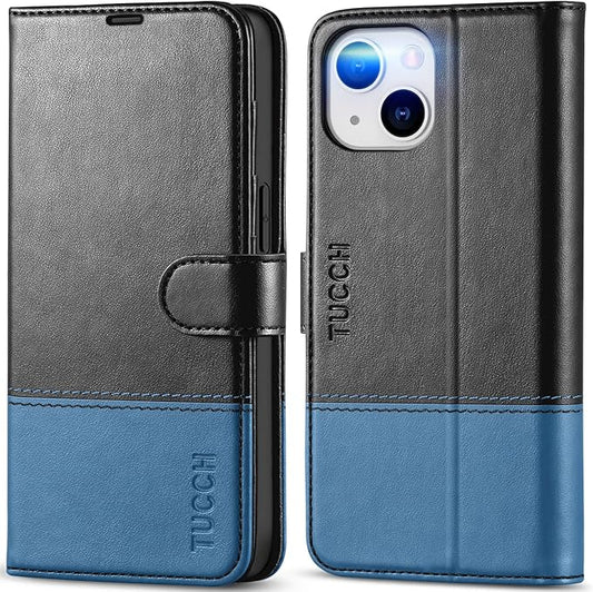 TUCCH Case Wallet for iPhone 14 6.1", Protective [TPU Shockproof Inner Shell], PU Leather [RFID Blocking] [4 Card Holder] Magnetic Stand Cover Compatible with iPhone 14 6.1", Black & Light Blue
