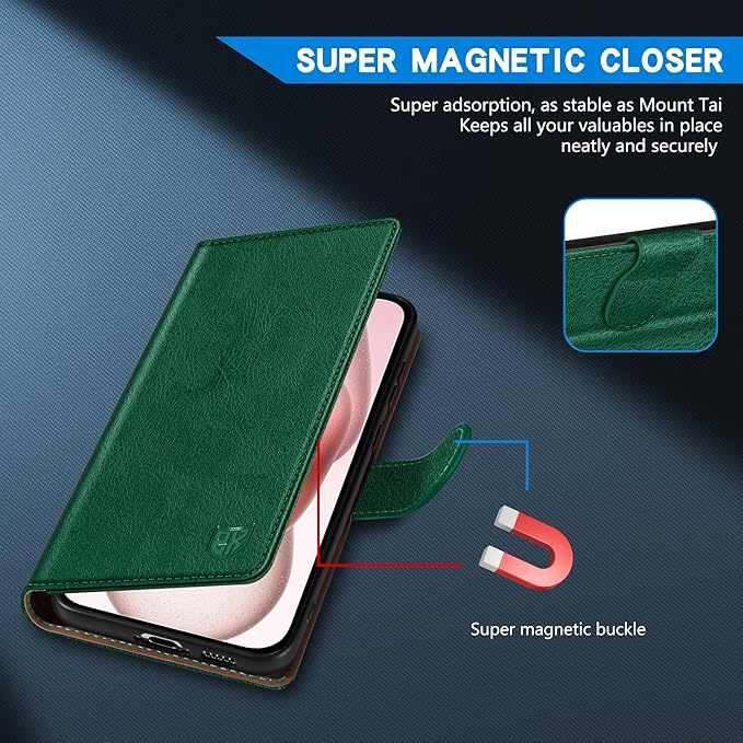 ZZXX for iPhone 15 Wallet Case with [RFID Blocking] Card Slot Kickstand Magnetic Closure Leather Flip Fold Protective Phone Case for iPhone 15 Case Wallet(Green-6.1 inch)