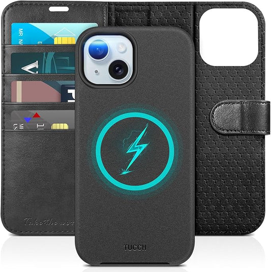 TUCCH Case Wallet for iPhone 15, Detachable 2-in-1 Kickstand RFID Blocking 4 Card Slot Wireless Charging Protective Case, Magnetic PU Leather Removable Cover Compatible with iPhone 15 6.1", Black