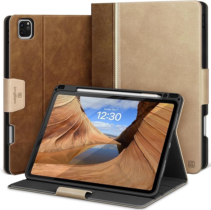 KingBlanc Case for iPad Pro 11 inch (M4) 2024 with Pencil Holder, Vegan Leather Smart Stand Cover, Auto Sleep Wake, Support Pencil Pro/(USB-C), Angles for Viewing/Writing, Durable Protection, Beige