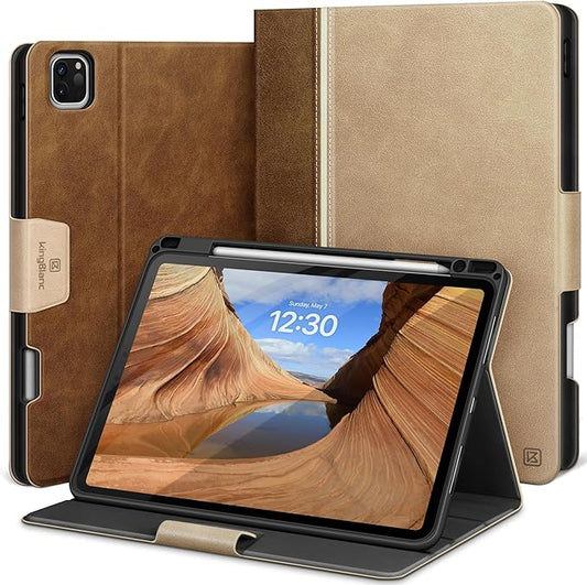 KingBlanc Case for iPad Pro 11 inch (M4) 2024 with Pencil Holder, Vegan Leather Smart Stand Cover, Auto Sleep Wake, Support Pencil Pro/(USB-C), Angles for Viewing/Writing, Durable Protection, Beige