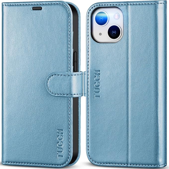 TUCCH Case Wallet for iPhone 14 5G, [RFID Blocking] 4 Card Holder Stand [Shockproof TPU Interior Case] PU Leather Magnetic Protective Flip Cover Compatible with iPhone 14 6.1", Shiny Light Blue