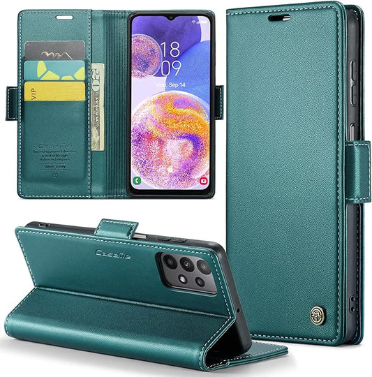 for Samsung Galaxy A23 4G/5G Case, Premium PU Leather Wallet Case Flip Cover with [RFID Blocking][Card Holder][Stand Function] Shockproof Protective for Samsung Galaxy A23, Blue-Green