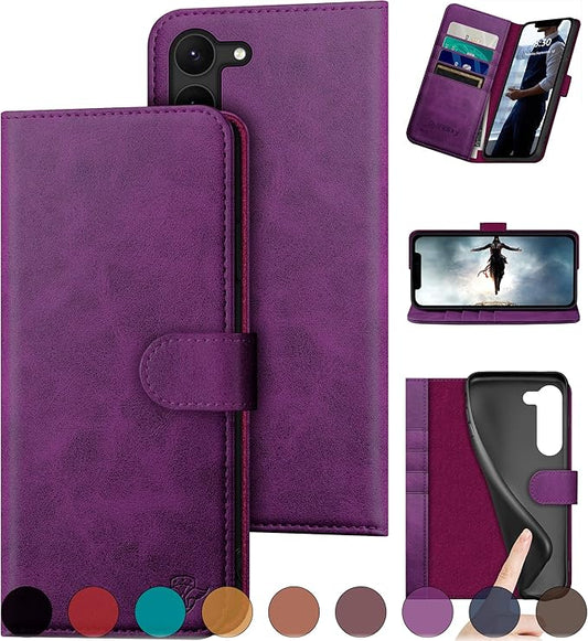 for Samsung Galaxy S23 5G Genuine Leather Wallet case 【RFID Blocking】【4 Credit Card Holder】【Real Leather】 Flip Folio Book Phone case Protective Cover Women Men for SamsungS23 case Purple