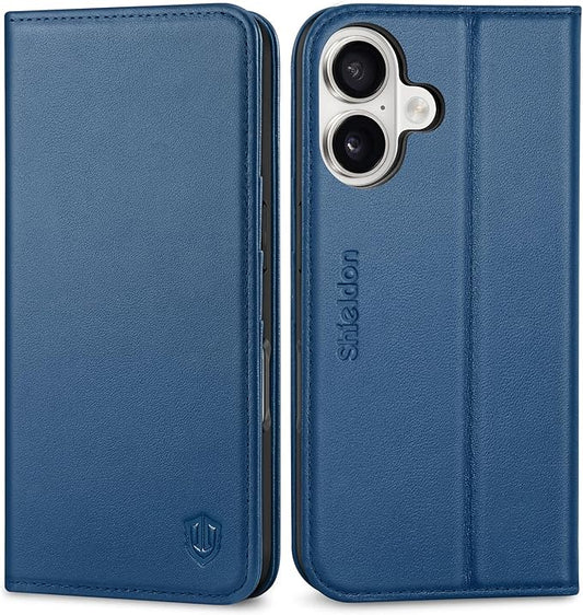 SHIELDON Genuine Leather Wallet Case for iPhone 17 5G 6.3-inch 2025 | RFID Blocking Credit Card Holder | Foldable | Magnetic | Kickstand | Shockproof Cover for Men Women | Royal Blue