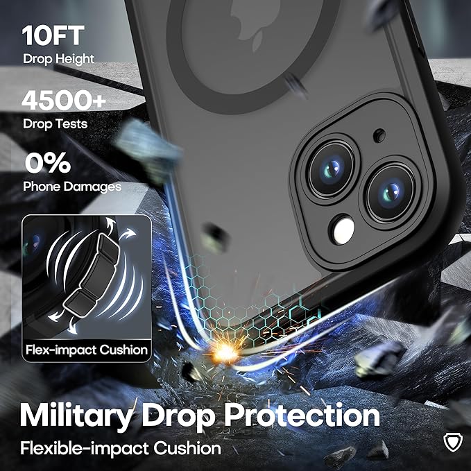 ImpactStrong Magnetic Guard Designed for iPhone 15 Case [Camera Protection] [Military Grade Drop Tested] [Compatible with MagSafe] Slim Translucent Matte Phone Case (6.1") - Black