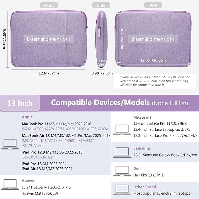 HYZUO 13 Inch Laptop Sleeve Bag Set for MacBook Air 13 M4/M3/M2/M1 2025-2018, MacBook Pro 13 M2/M1 2025-2016, iPad Pro/Air 13, XPS 13, Surface Pro, Notebook Case for 12"-13" Tablet, Lilac Purple