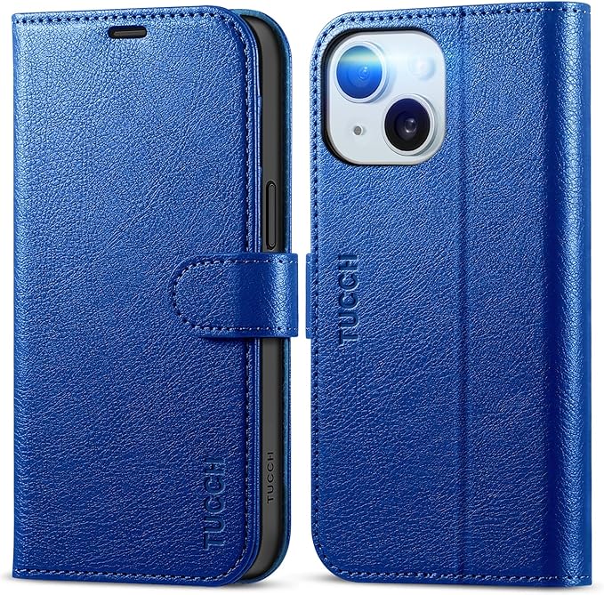 TUCCH Wallet Case for iPhone 15 6.1-inch 5G, [TPU Shockproof Inner Shell] PU Leather [RFID Blocking] 4 Credit Card Holder Magnetic Kickstand Flip Cover Compatible with iPhone 15 6.1" 2023, Klein Blue