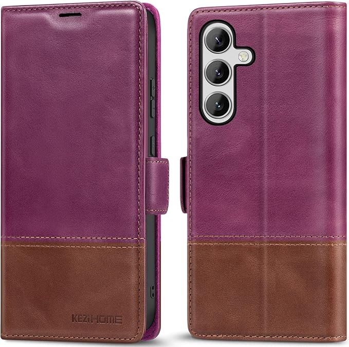 KEZiHOME for Samsung Galaxy S24+ Plus 5G Case, Genuine Leather Wallet Case Flip Cover Stand RFID Blocking Card Holder Magnetic Compatible with Galaxy S24 Plus 5G (2024) (Purple/Brown)