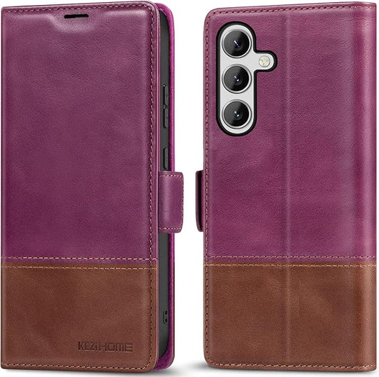 KEZiHOME for Samsung Galaxy S24+ Plus 5G Case, Genuine Leather Wallet Case Flip Cover Stand RFID Blocking Card Holder Magnetic Compatible with Galaxy S24 Plus 5G (2024) (Purple/Brown)
